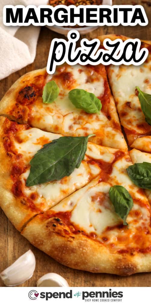 close up of cheesy Margherita Pizza with a title
