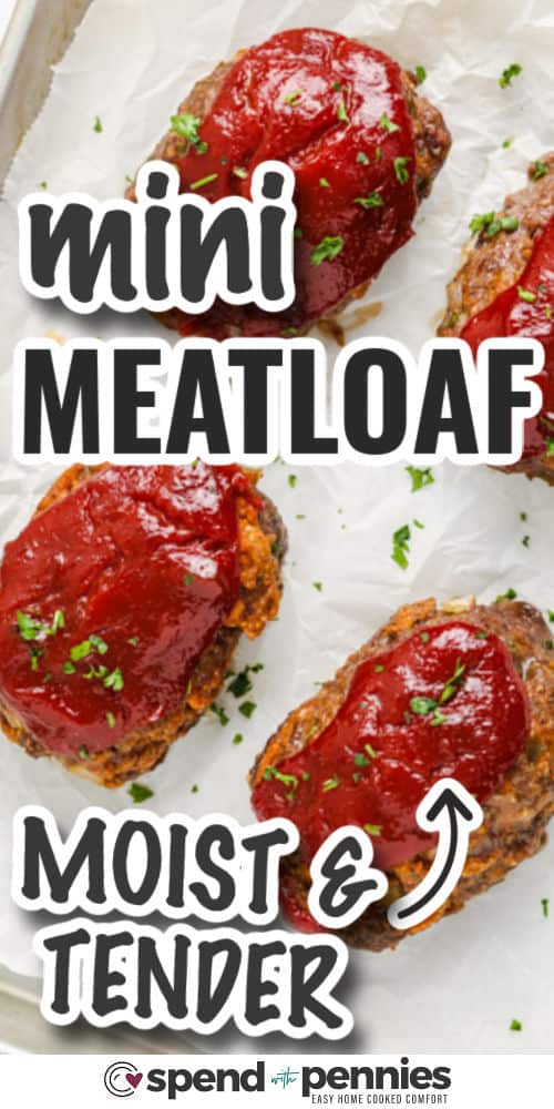 This mini meatloaf recipe is one of the easiest ways to bring comfort food to the table on a busy evening. These individual meatloaves bake faster than a full loaf and give every serving plenty of glossy ketchup glaze. Made with ground beef, breadcrumbs, Dijon mustard, and Italian seasoning, they have classic homestyle flavor and a tender texture that works well for both dinner and leftovers the next day. #spendwithpennies moist and tender Mini Meatloaf Recipe with writing