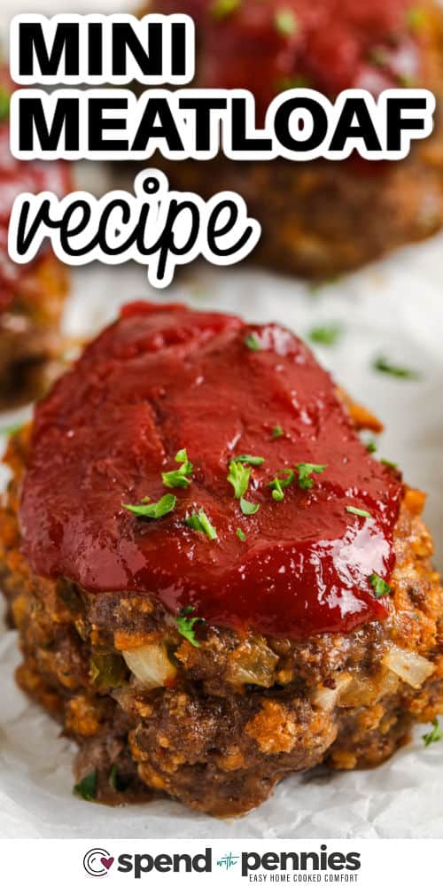 If you are looking for a mini meatloaf recipe that is moist, flavorful, and freezer-friendly, this one checks every box. Each loaf is shaped by hand, baked until tender, and topped with a sweet tangy glaze that makes every bite extra good. The individual size also makes these mini meatloaves easy to store, reheat, and pack up for lunches, which is great for meal prep or leftover dinners. #spendwithpennies close up of Mini Meatloaf Recipe on a sheet pan with a title