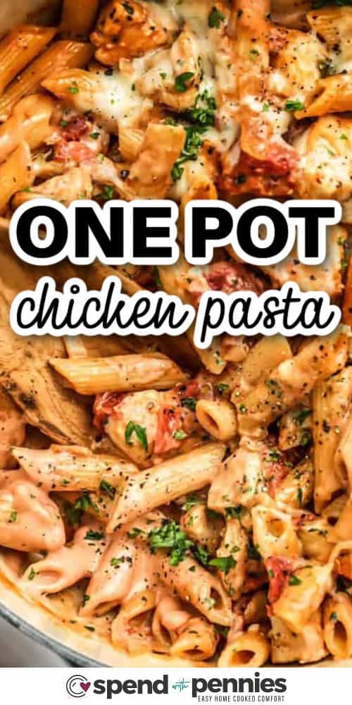 close up of One Pot Chicken Pasta with writing