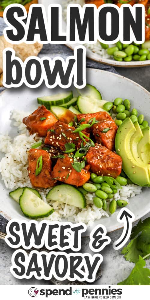 For a quick dinner, this salmon bowl recipe fits the bill with simple ingredients and bold flavor. The salmon is pan-seared until golden, then tossed in an orange ginger sauce that is both sweet and savory. Served over warm rice, it creates a satisfying bowl that is easy to customize. Sesame seeds and fresh vegetables add texture and color to every bite. This salmon rice bowl recipe works well for quick lunches or family dinners. #spendwithpennies sweet and savoury Salmon Bowl Recipe with writing