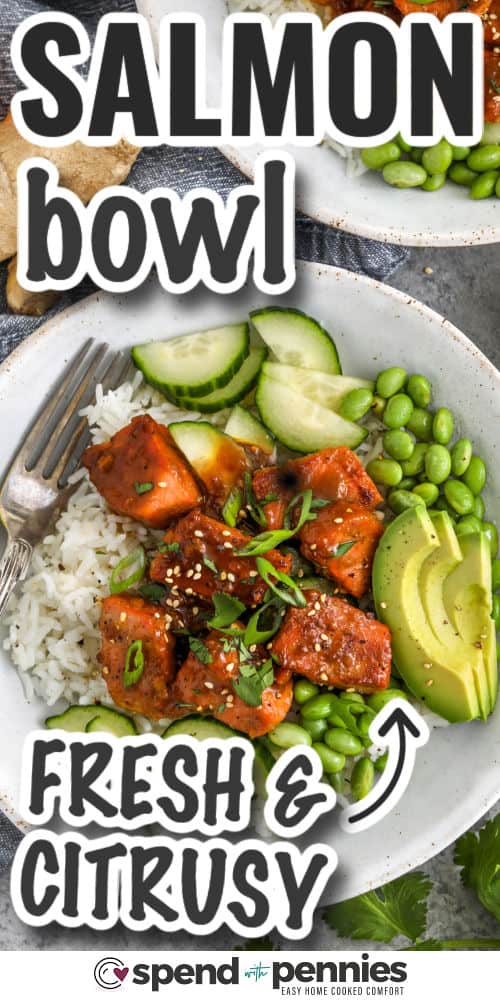 Make this salmon bowl recipe when you want a delicious meal with flaky salmon and a bright citrus glaze. The salmon cooks quickly in a skillet and is coated in a thick honey soy sauce made with orange and ginger. Spoon it over rice for a filling and balanced meal that feels fresh and light. Add toppings like edamame, cucumber, or avocado for extra flavor and crunch. This easy salmon bowl recipe is great for busy nights and meal prep. #spendwithpennies fresh and citrusy Salmon Bowl Recipe with writing