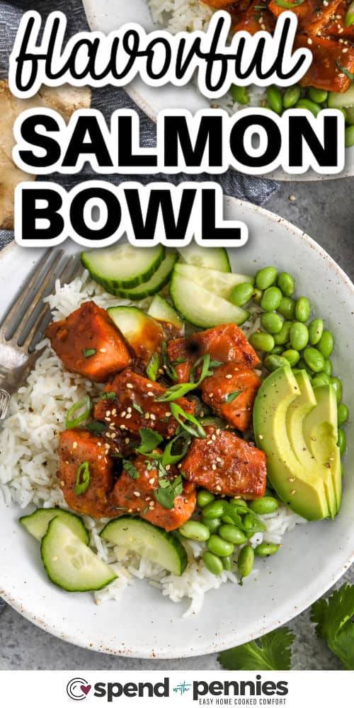 Try this salmon bowl recipe for a bright and balanced meal with juicy salmon and citrus soy glaze. The garlic, ginger, honey, and orange create a rich sauce that coats each piece of salmon. Served over fluffy rice, it makes a filling bowl that is easy to build with fresh toppings. Add green onions, avocado, or cucumber for extra freshness and crunch. This salmon bowl recipe is great for quick, homemade meals any day of the week. #spendwithpennies Salmon Bowl Recipe with avocados and a title