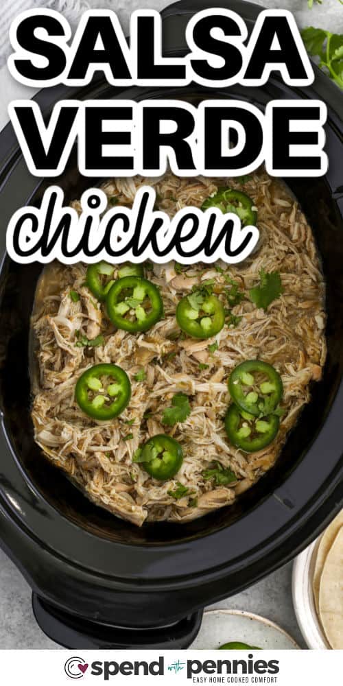 Salsa Verde Chicken with jalapeños and a title
