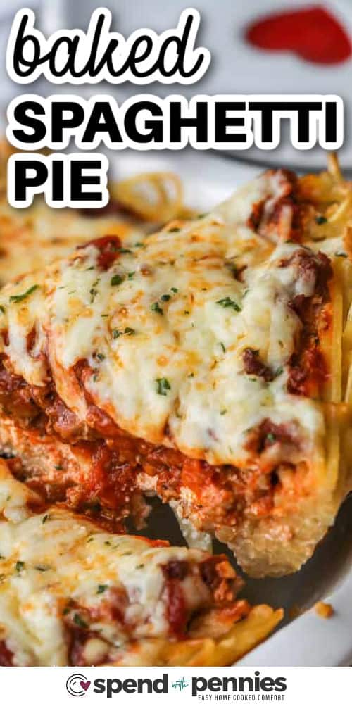 taking a slice of Spaghetti Pie out the dish with a title