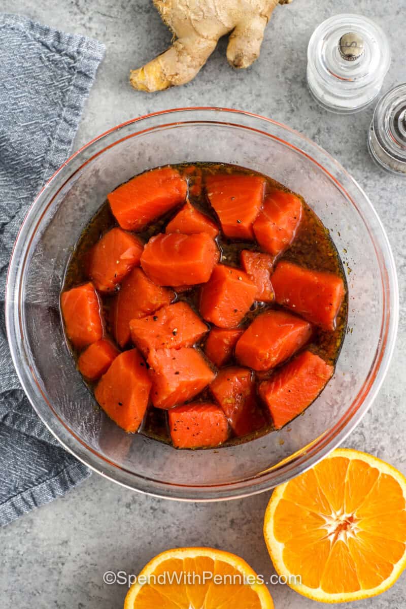 salmon in marinade to make Salmon Bowl Recipe
