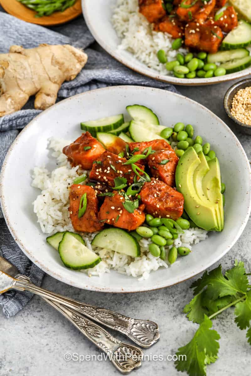 plated bowls of Salmon Bowl Recipe