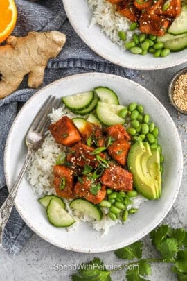 Salmon Bowl Recipe with avocados , edamame beans and cucumbers