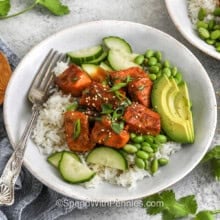 bowl of Salmon Bowl Recipe with a fork