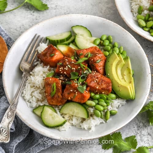 bowl of Salmon Bowl Recipe with a fork
