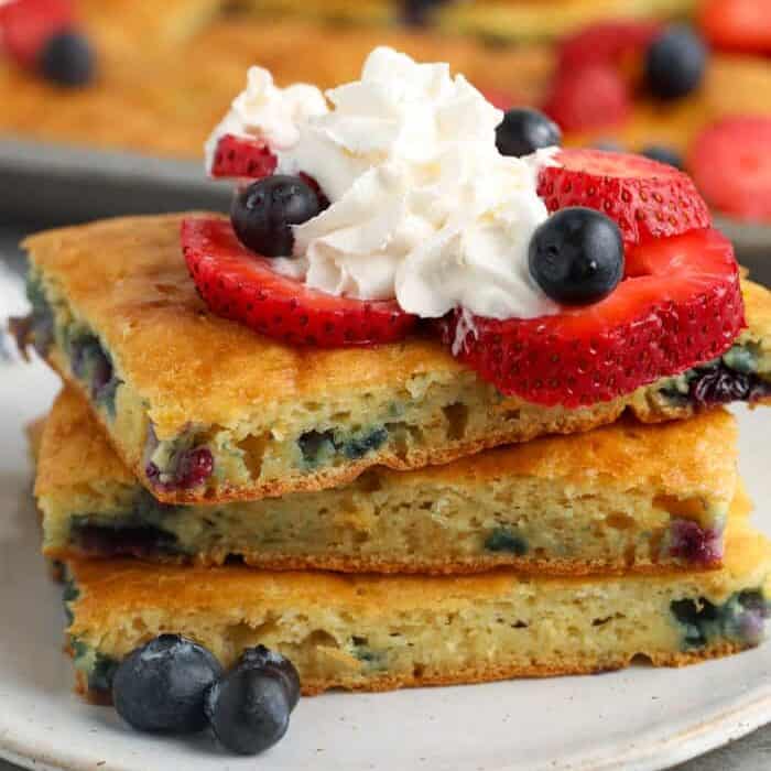 plated Sheet Pan Pancakes with fruit