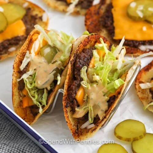 Smash Burger Tacos with sauce and pickles