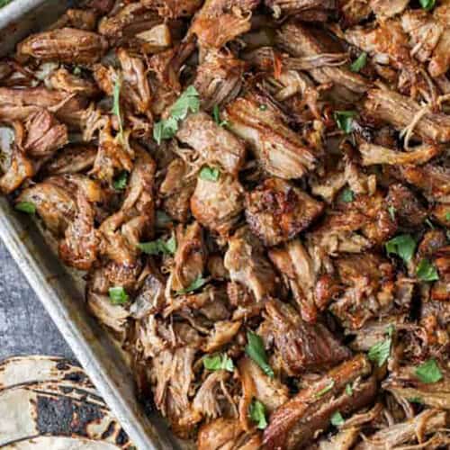 close up of Pork Carnitas on sheet pan