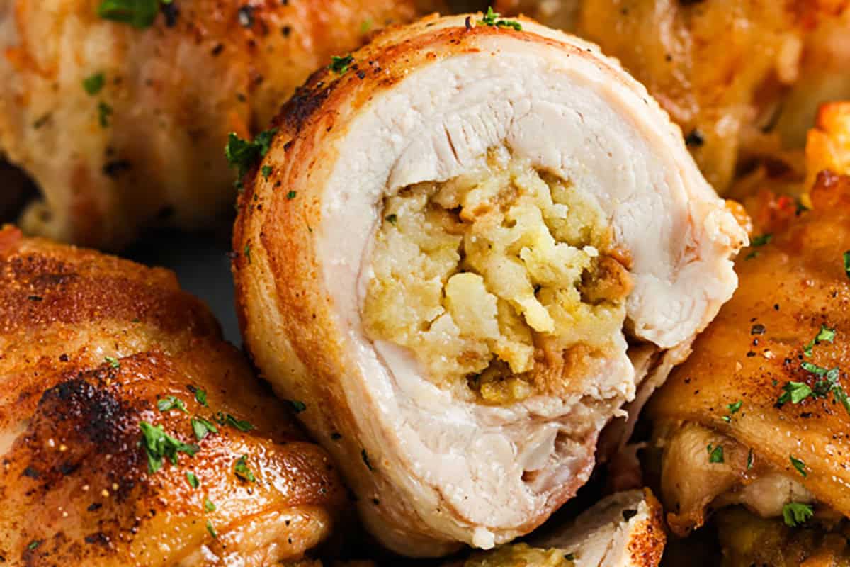 Juicy Stuffed Chicken Thighs Wrapped in Bacon