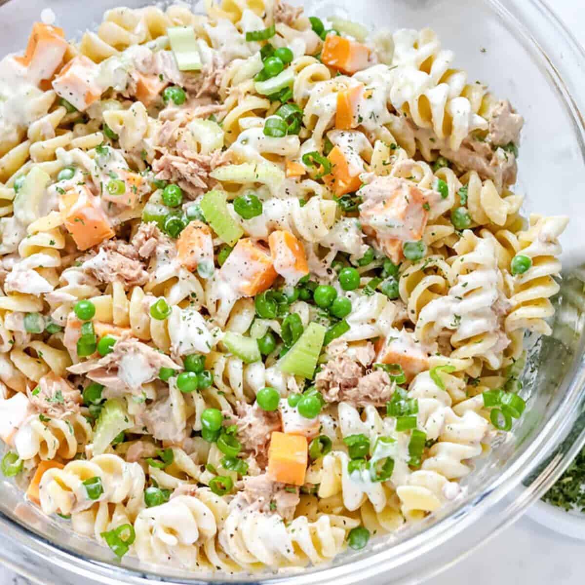 bowl of Creamy Tuna Pasta Salad