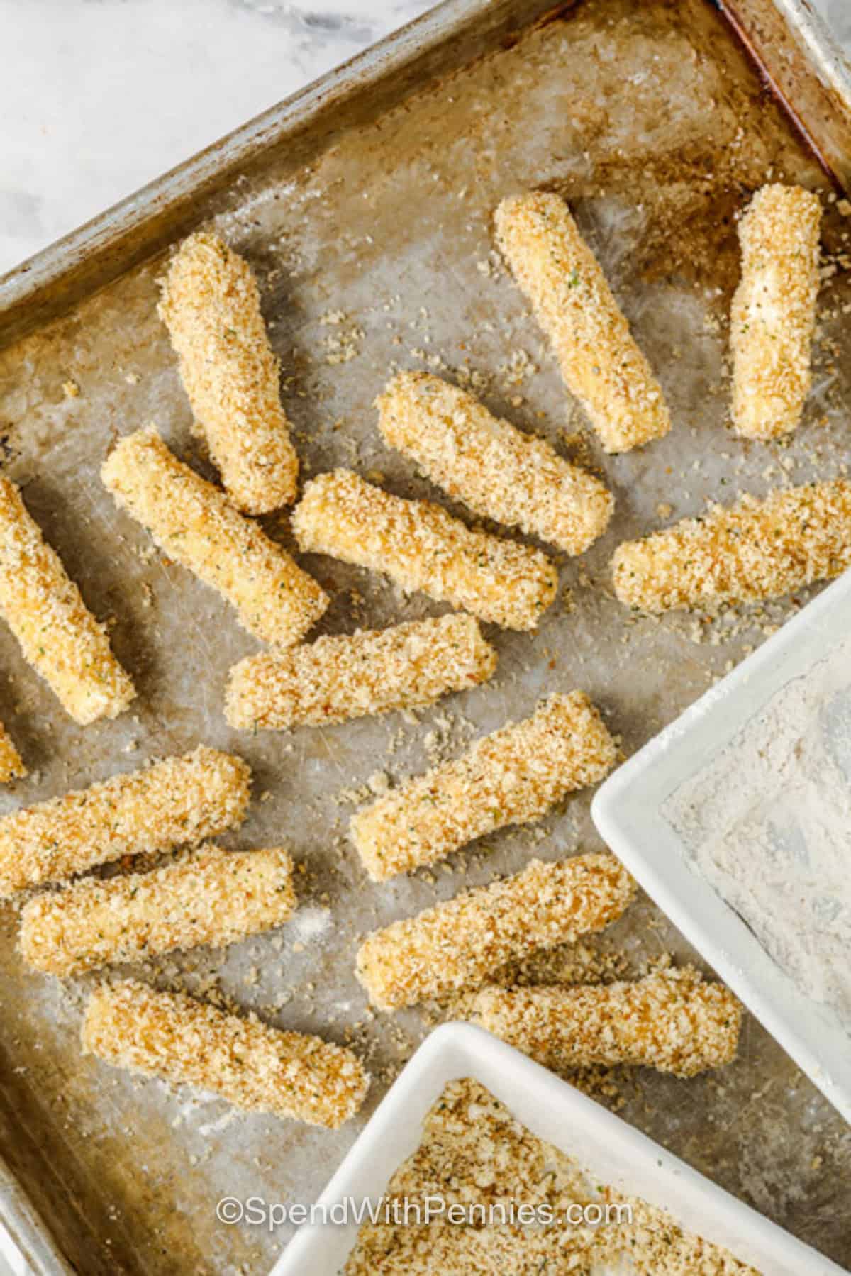 Air Fryer Mozzarella Sticks coated in Panko and bread crumbs