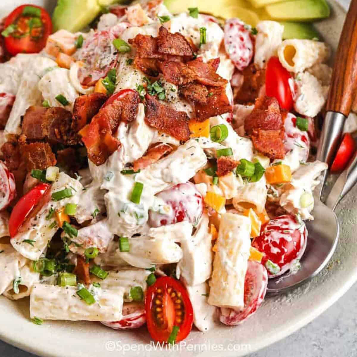 plate of Bacon Ranch Pasta Salad with cutlery