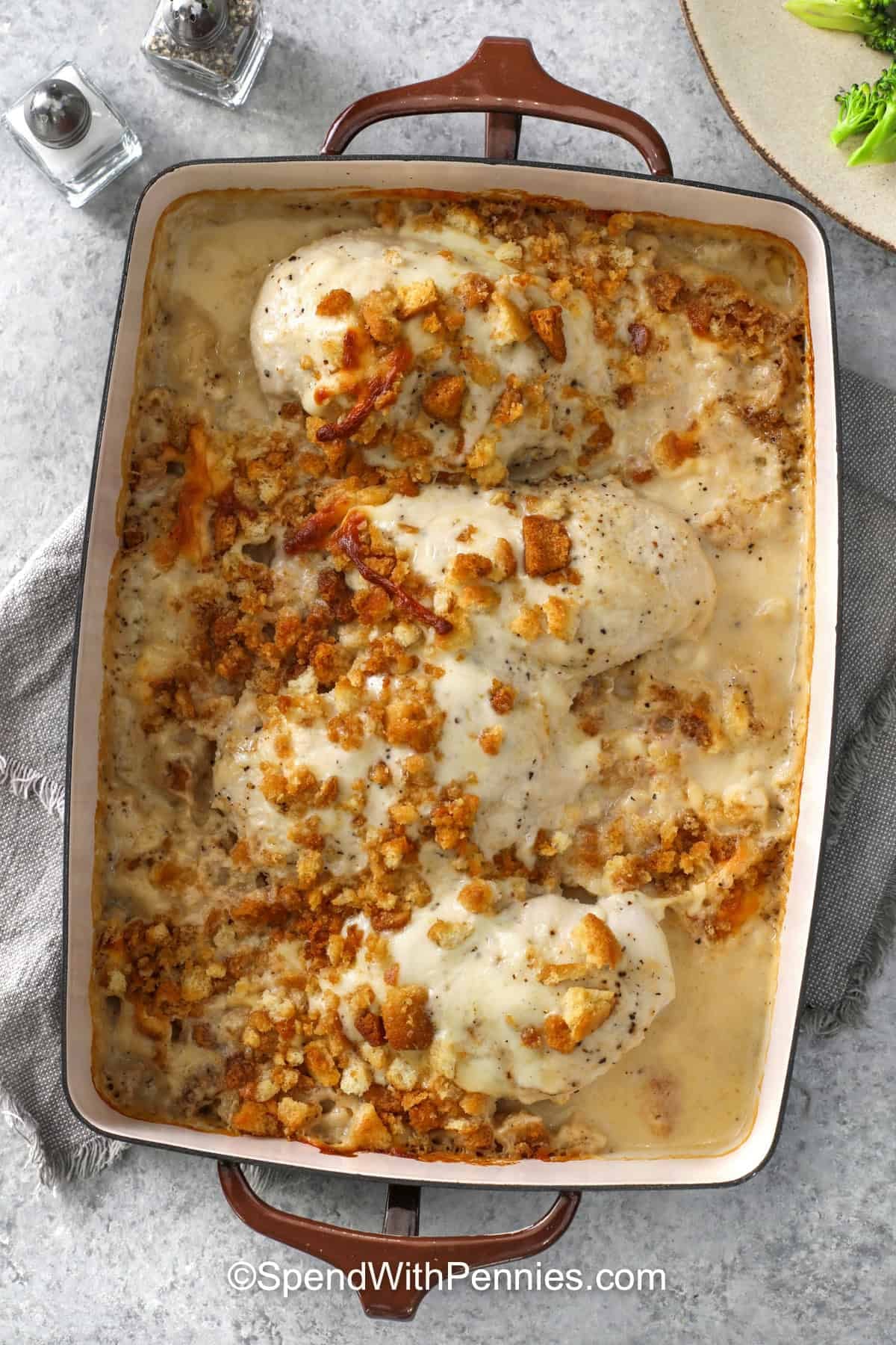 baked Caesar Chicken Recipe in a casserole dish
