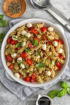top view of Caprese Pasta Salad in a bowl