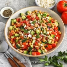 plated Dense Bean Salad with tomatoes and feta