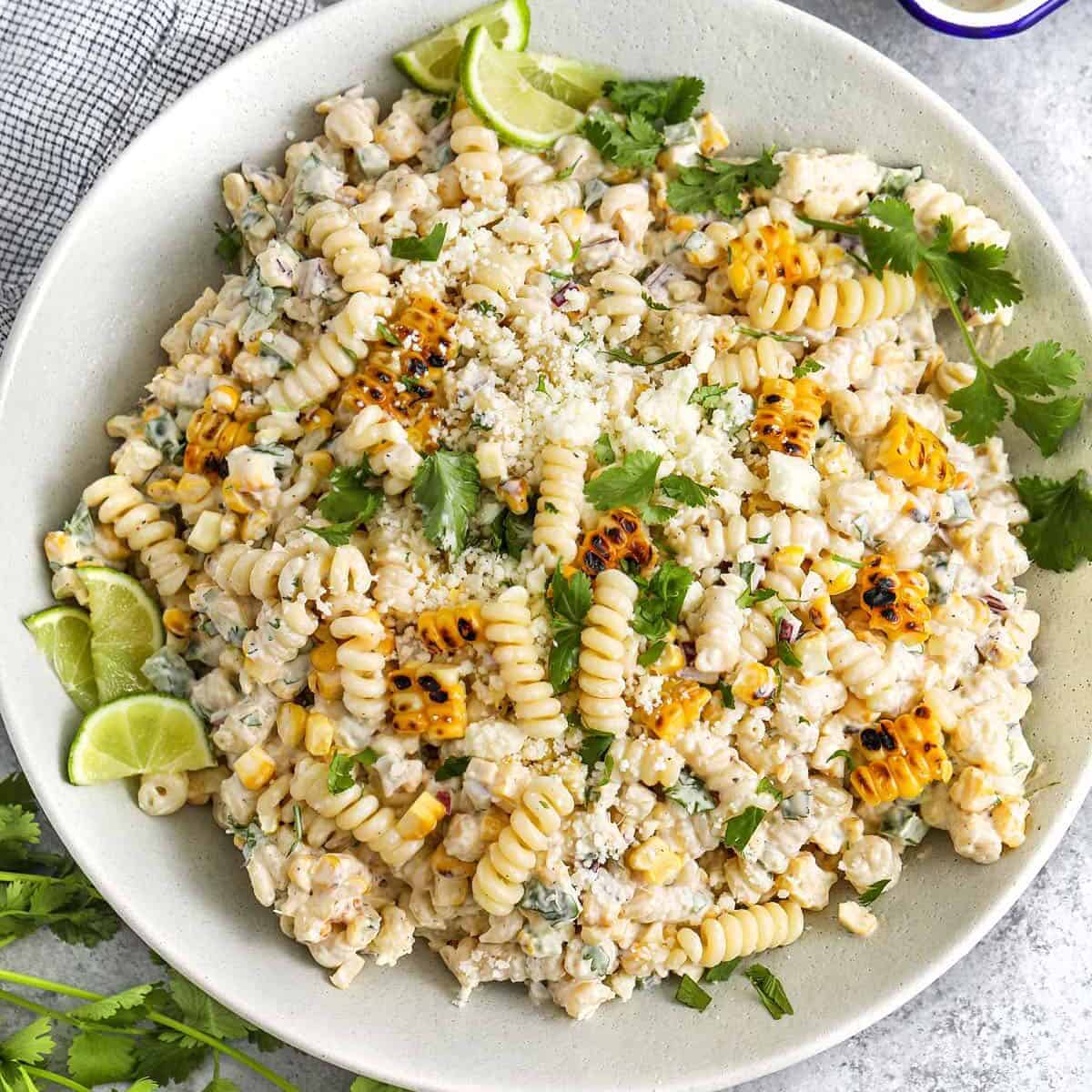creamy Elote Pasta Salad in a bowl