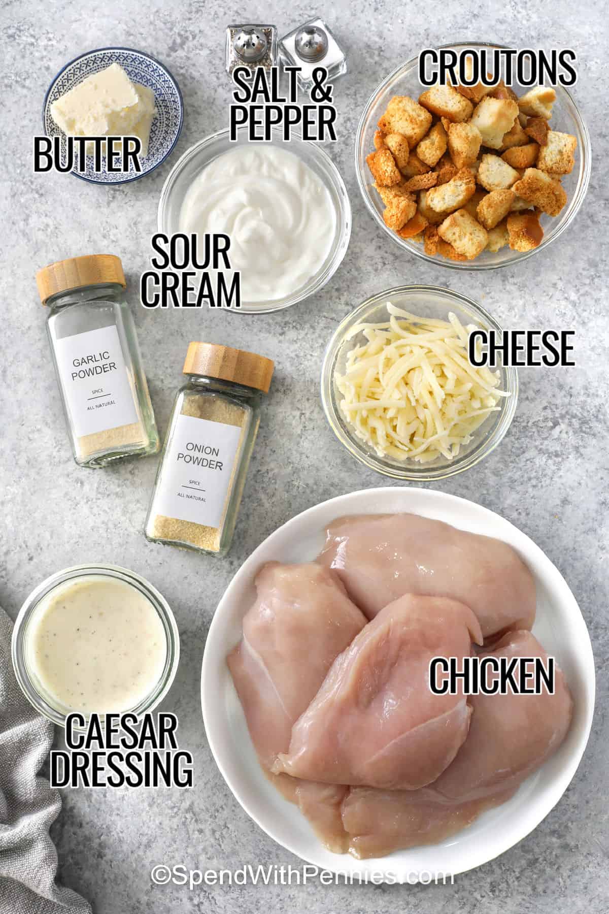 butter , sour cream , croutons , cheese , chicken , caesar dressing , onion powder , garlic powder , salt and pepper with labels to make Caesar Chicken Recipe
