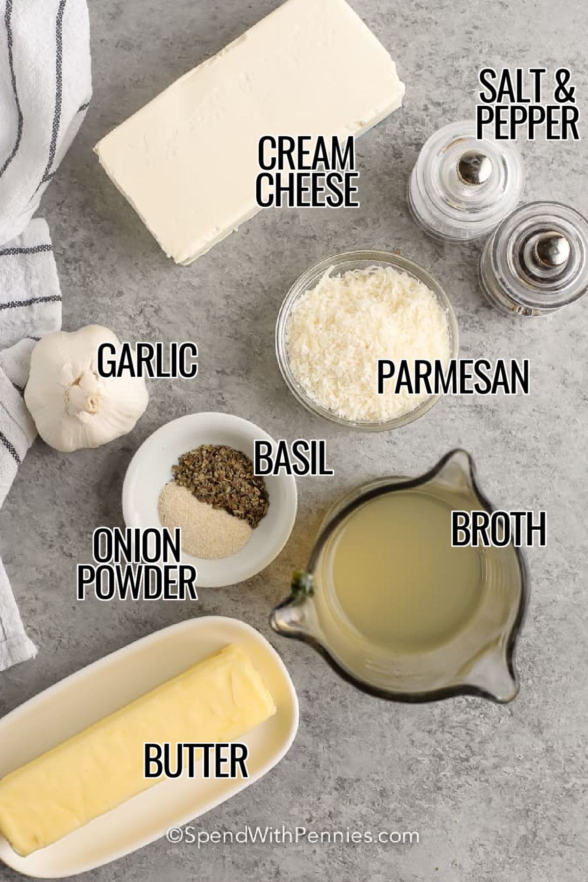 cream cheese , parmesan , garlic , onion powder , basil , broth , butter , salt and pepper with labels to make Cream Cheese Pasta Sauce