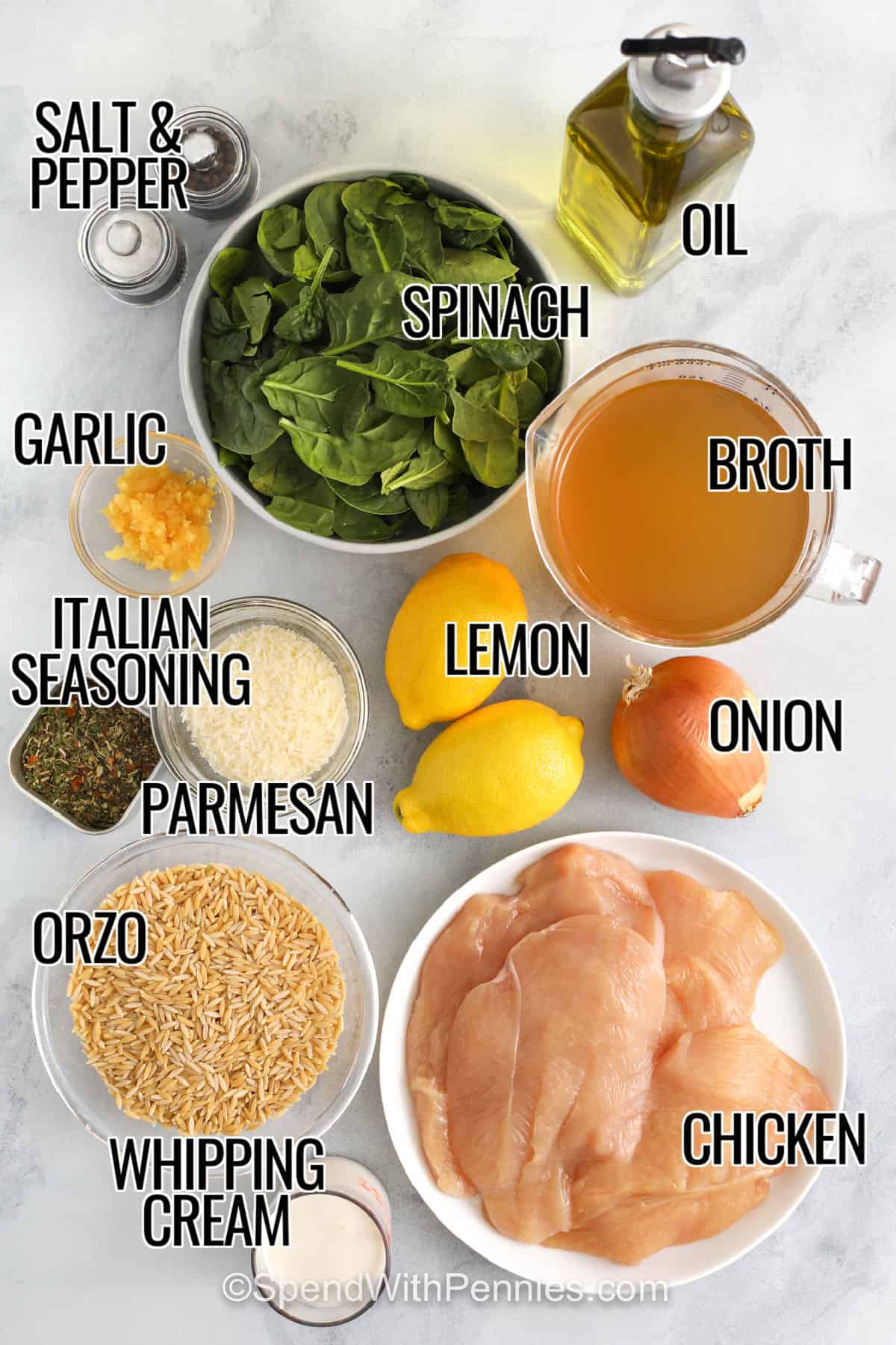 spinach , oil , broth , onion , lemon , garlic , Italian seasoning , parmesan , orzo , whipping cream , chicken, salt and pepper with labels to make Lemon Chicken Orzo