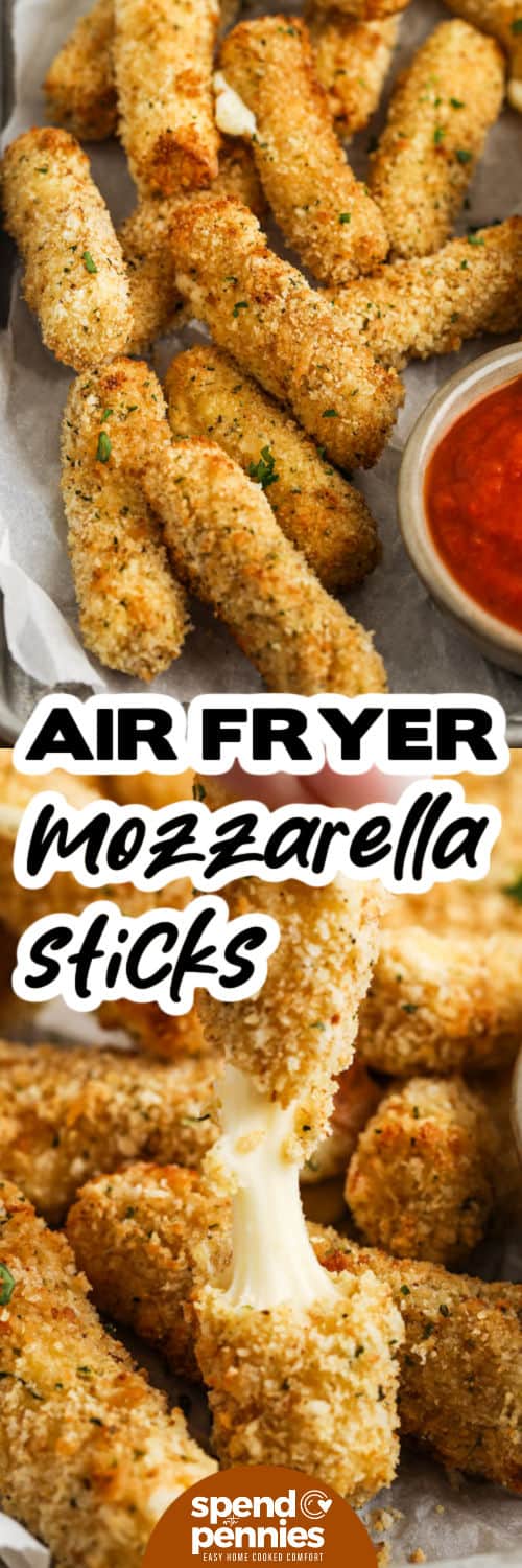 plated Air Fryer Mozzarella Sticks with dip and close up of one in half with a title