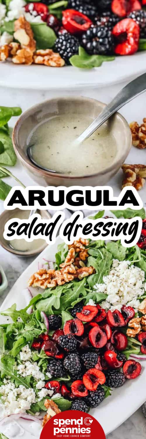 Arugula Salad Dressing in a bowl with salad in the background and bottom photo on sale with a title