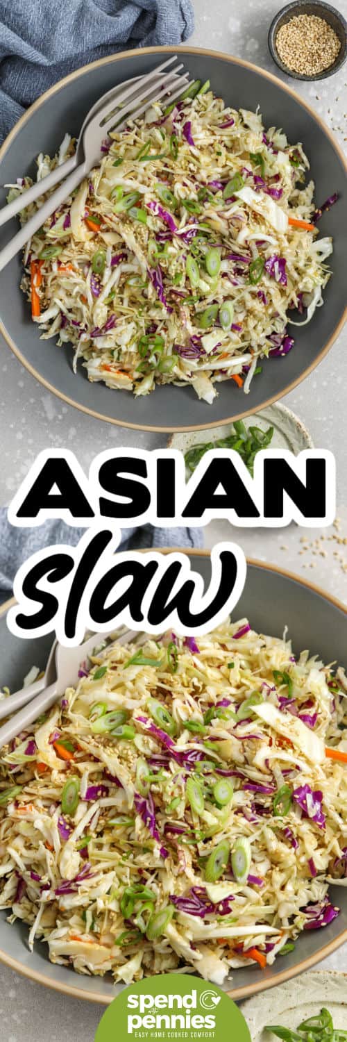 Make this easy Asian slaw when you want a fast side dish that feels fresh and a little different from the usual salad. Coleslaw mix gives you a crunchy base, while the sesame dressing adds a sweet-tangy, savory finish with very little work. This sesame cabbage salad is ideal for potlucks, weeknight dinners, and lunch bowls, and it can be adjusted with extra vegetables or toppings to fit what you already have in the fridge. #spendwithpennies Asian Slaw in a bowl and close up photo with a title