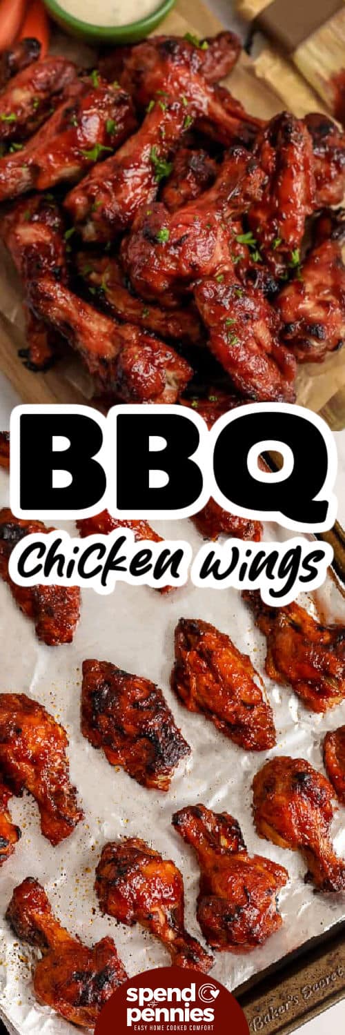 BBQ Chicken Wings on a sheet pan and plated with a title