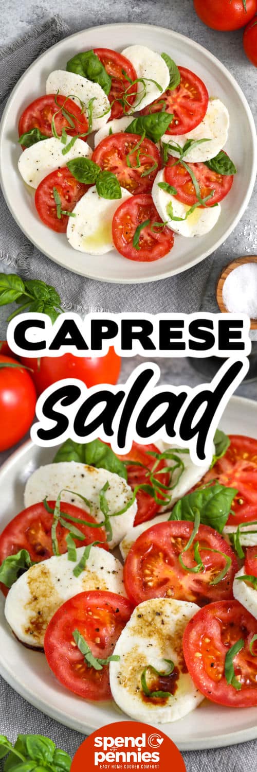 Caprese Salad on a plate or close up photo with a title