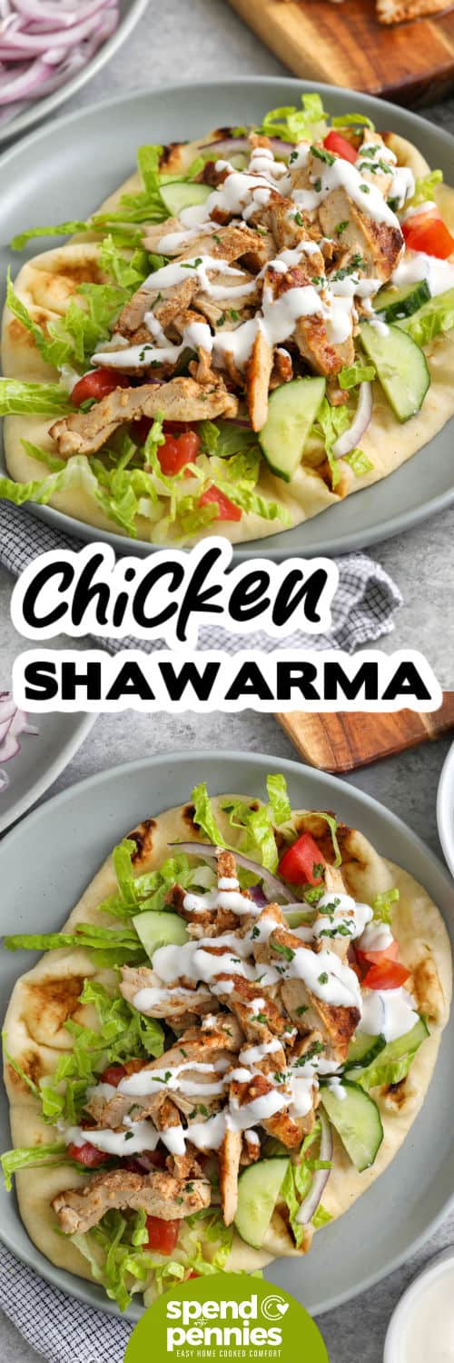 This chicken shawarma recipe is full of cozy flavor from cumin, coriander, smoked paprika, cinnamon, and cardamom. The yogurt and lemon marinade keeps the chicken tender while the loaf pan method creates compact layers that slice beautifully. Use the chicken for pita wraps, rice bowls, salads, or quick leftovers with a drizzle of the reserved pan juices for extra flavor. #spendwithpennies chicken shawarma on a grey plate drizzled with sauce