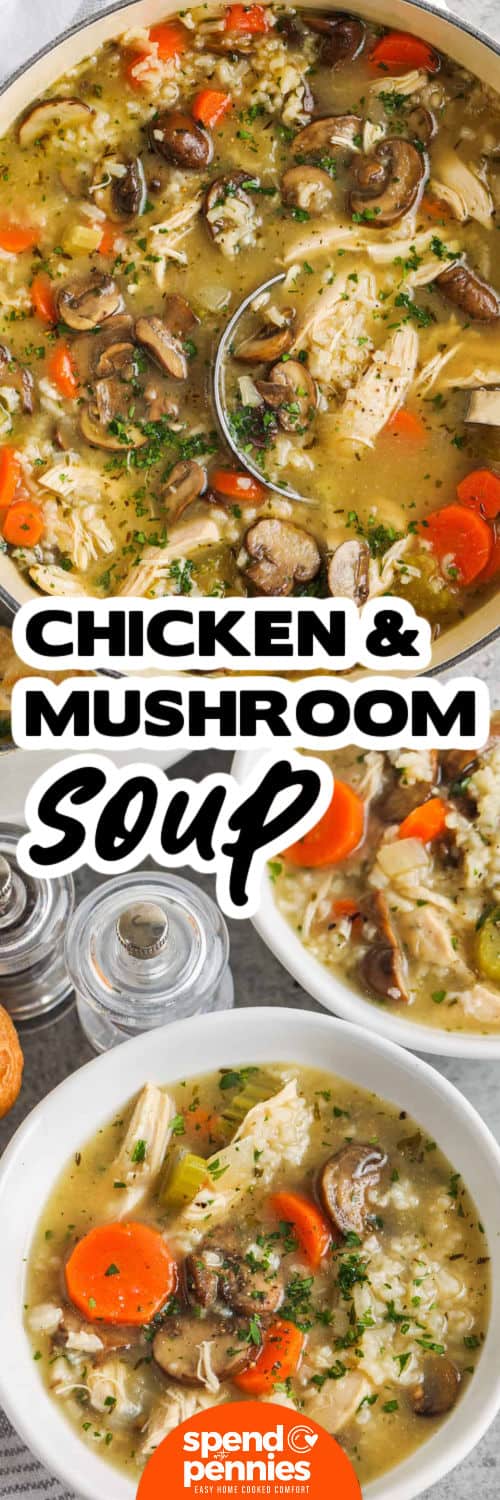 This chicken and mushroom soup is a comforting stovetop recipe that feels like something simmered all afternoon, but it comes together in under an hour. The broth is seasoned with thyme, parsley, and poultry seasoning, then filled with rice, vegetables, and shredded chicken. Use pre-sliced mushrooms or rotisserie chicken to save time. Make it for chilly nights, simple dinners, and cozy leftovers. #spendwithpennies Chicken and Mushroom Soup in the pot and in bowls with a title