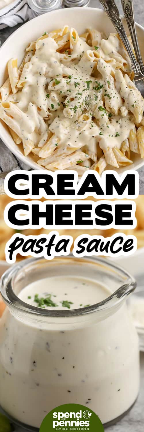 Cream cheese pasta sauce is an easy dinner idea for nights when you want something creamy and satisfying without opening a jar. The sauce is made with cream cheese, garlic, chicken broth, and Parmesan, creating a silky coating for any pasta shape. Customize with spinach, peas, mushrooms, shrimp, or leftover chicken for a quick meal that feels cozy and filling. #spendwithpennies Cream Cheese Pasta Sauce in a jar and on pasta with a title