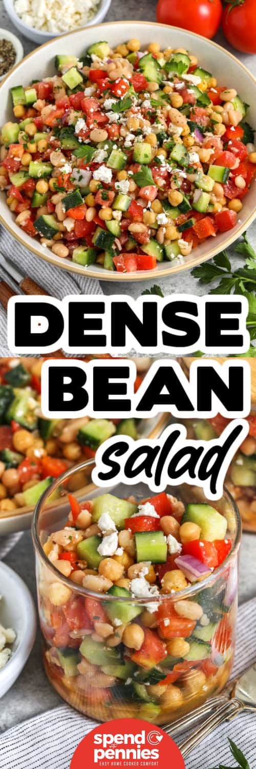 Dense Bean Salad in a jar and top photo in a bowl with a title