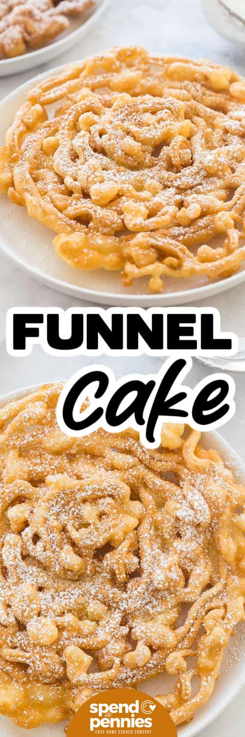 Funnel Cake on a plate and close up with a title