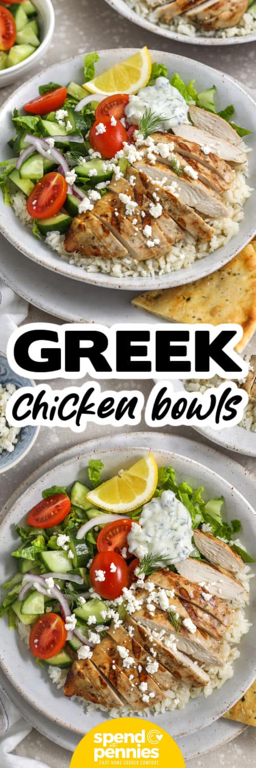 Top image - a Greek chicken bowl. Bottom image - an assembled Greek Chicken Bowl with a title