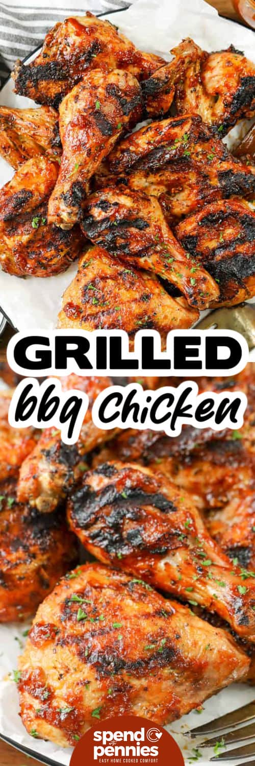 Grilled BBQ Chicken on a plate and close up photo with a title