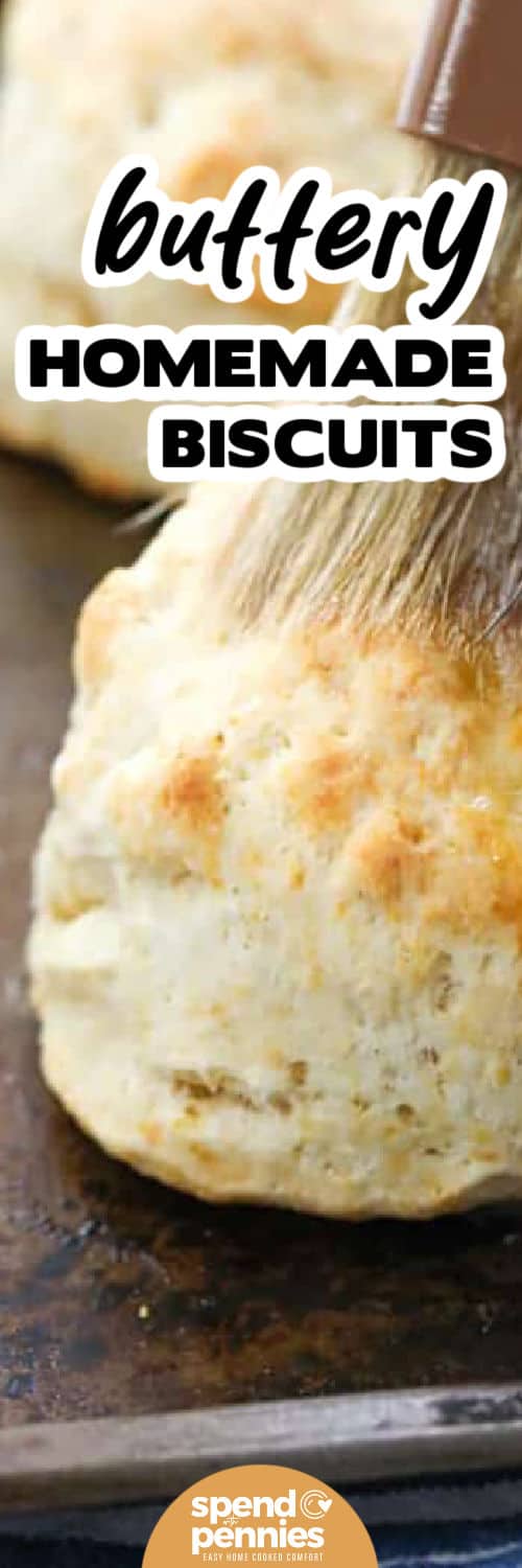 This homemade biscuit recipe keeps things simple with pantry staples and a few practical tricks for flaky layers. Cold butter is cut into the flour, then milk is added just until the dough comes together. The biscuits bake up fluffy, golden, and tender without yeast or rising time. Serve them for busy mornings, weekend brunch, or serving with a comforting bowl of chicken stew. #spendwithpennies buttery Homemade Biscuits on a sheet pan with a title