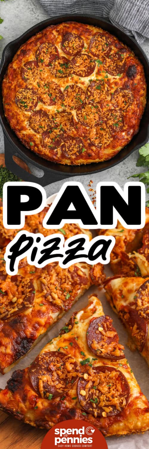 This cast iron pan pizza delivers that irresistible mix of crispy crust, gooey cheese, and savory pepperoni in every bite. Olive oil in the skillet helps brown the bottom and edges, giving the pizza its signature texture. It is a practical recipe for weeknights, small gatherings, or casual weekends, especially when you want the comfort of homemade pizza without making everything from scratch. #spendwithpennies Pan Pizza in the pan and bottom photo close up of a slice with a title