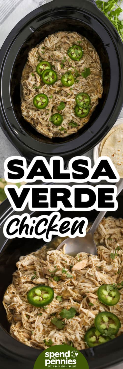 Salsa verde chicken is a budget-friendly slow cooker dinner that still feels full of flavor. With just chicken breasts, salsa verde, and a few pantry spices, you get a tender shredded chicken recipe that can carry dinner for several meals. The green salsa brings acidity and brightness, while the warm spices keep it cozy and satisfying. Use this crockpot salsa verde chicken in bowls, tacos, or lettuce wraps depending on what you have on hand. #spendwithpennies Salsa Verde Chicken in the slow cooker and close up with a title