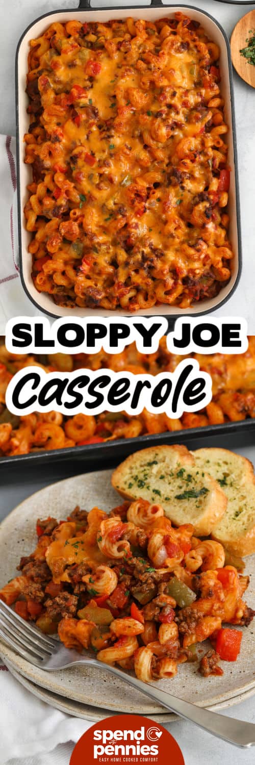 Sloppy Joe Casserole in a dish and on a plate with a title