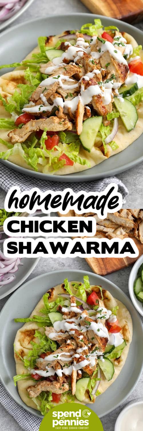 This chicken shawarma recipe is full of cozy flavor from cumin, coriander, smoked paprika, cinnamon, and cardamom. The yogurt and lemon marinade keeps the chicken tender while the loaf pan method creates compact layers that slice beautifully. Use the chicken for pita wraps, rice bowls, salads, or quick leftovers with a drizzle of the reserved pan juices for extra flavor. #spendwithpennies chicken shawarma on a grey plate drizzled with sauce