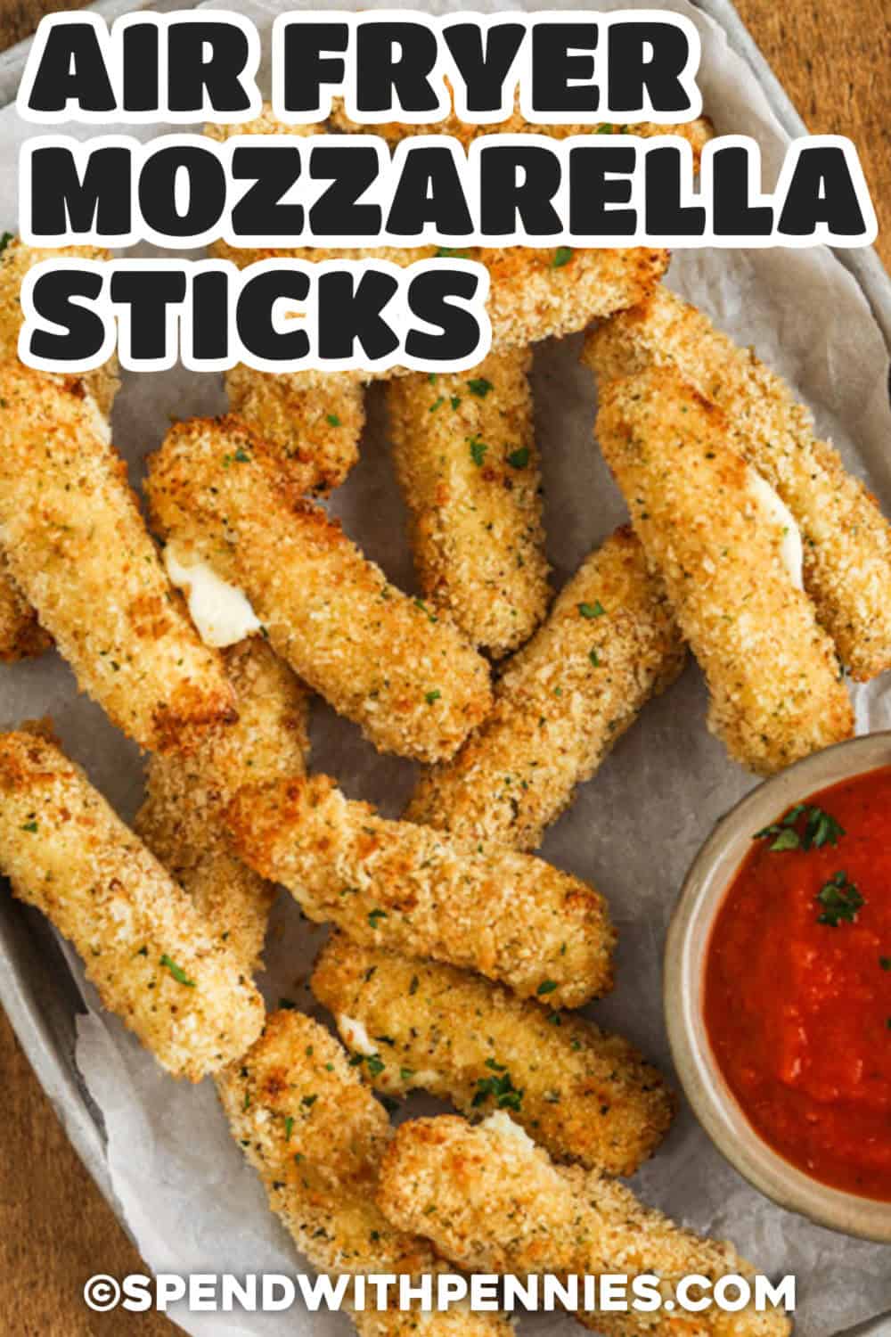 Air Fryer Mozzarella Sticks with marinara with writing