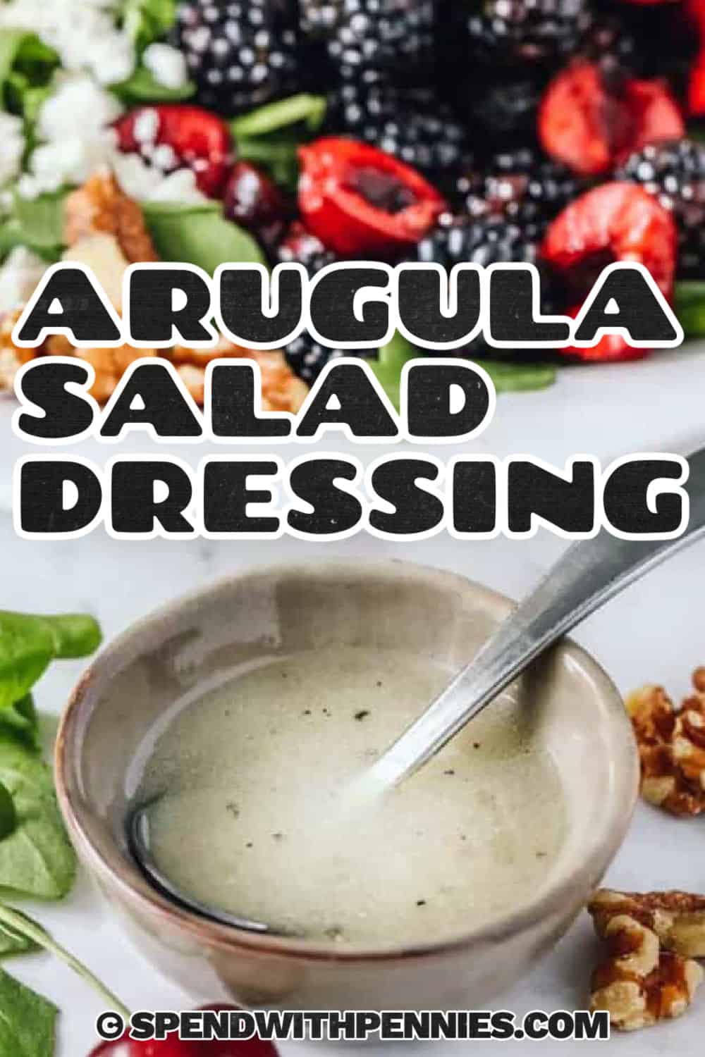 refreshing Arugula Salad Dressing in a bowl with a title