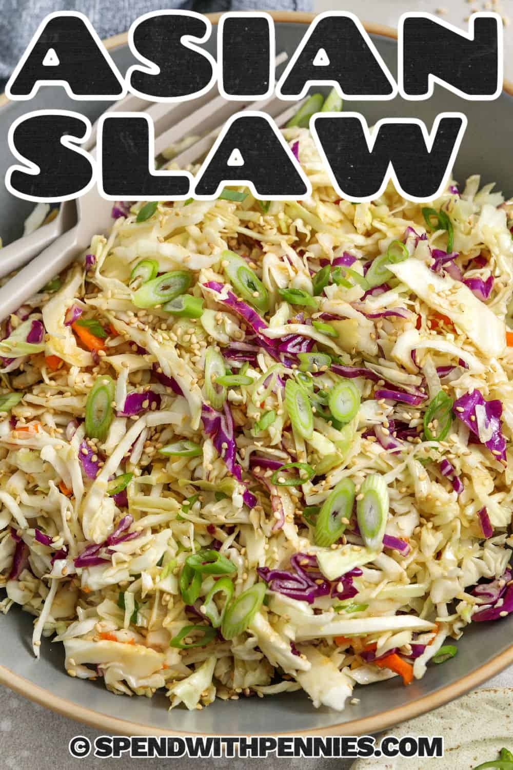 This Asian slaw recipe is all about flavor, texture, and ease. The cabbage stays crisp, the green onions add a mild bite, and sesame seeds bring a little nuttiness to every forkful. The dressing is a balanced mix of rice vinegar, honey, soy sauce, and toasted sesame oil, which makes the whole salad taste bright and savory. It is a dependable side for meal prep and a nice contrast to richer mains like grilled meats or fried rice. #spendwithpennies healthy Asian Slaw in a bowl with a title