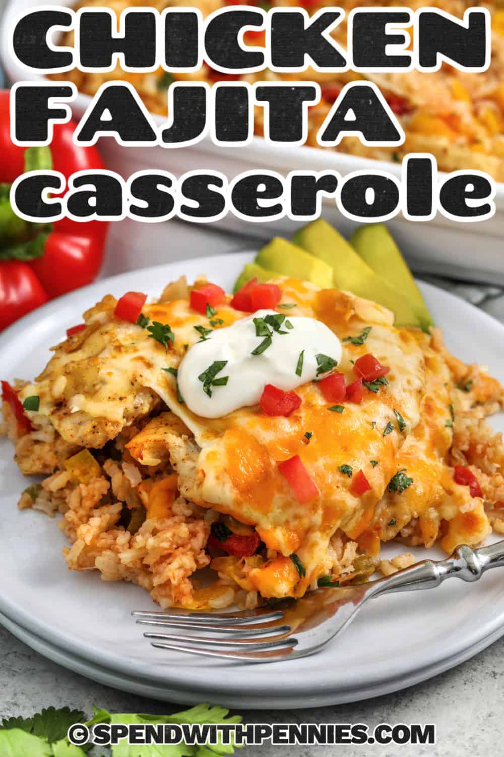 plated Chicken Fajita Casserole with a title