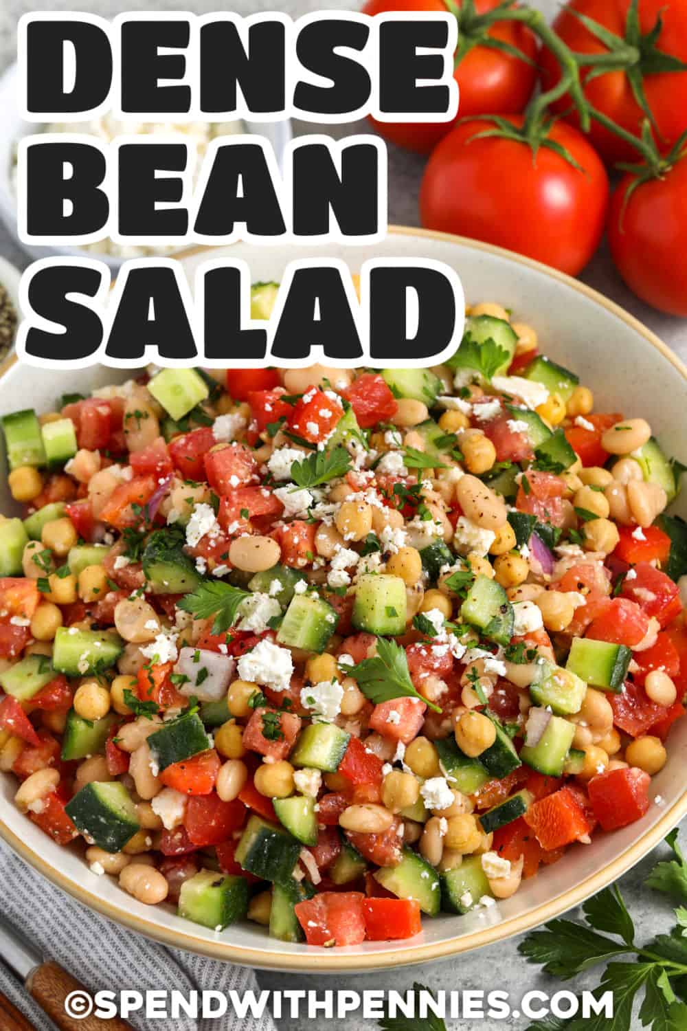 bowl of Dense Bean Salad with feta and writing